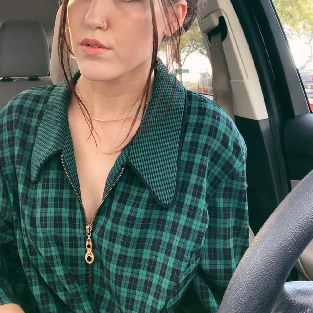 Vintage Green Plaid Zip Up Blouse S/M